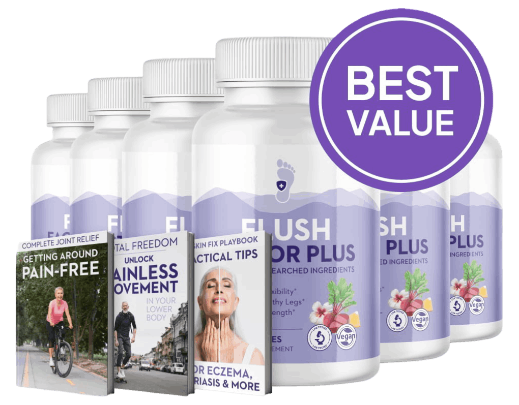Image showing six bottles of Flush Factor Plus dietary supplement labeled “Best Value.” The bottles feature a purple and white design highlighting benefits for mobility, flexibility, and healthy legs. In front of the bottles are three free bonus eBooks titled Getting Around Pain-Free, Unlock Painless Movement in Your Lower Body, and Skin Fix Playbook: Practical Tips for Eczema, Psoriasis & More.