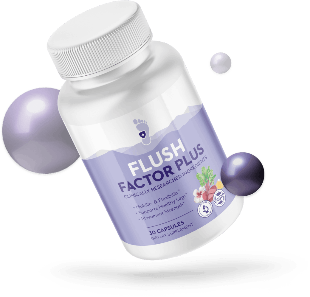 A bottle of Flush Factor Plus dietary supplement featuring a purple and white label. The label highlights benefits such as improved mobility, flexibility, healthy legs, and movement strength. The bottle contains 30 vegan capsules and displays icons for vegan and clinically researched ingredients, surrounded by floating purple spheres.