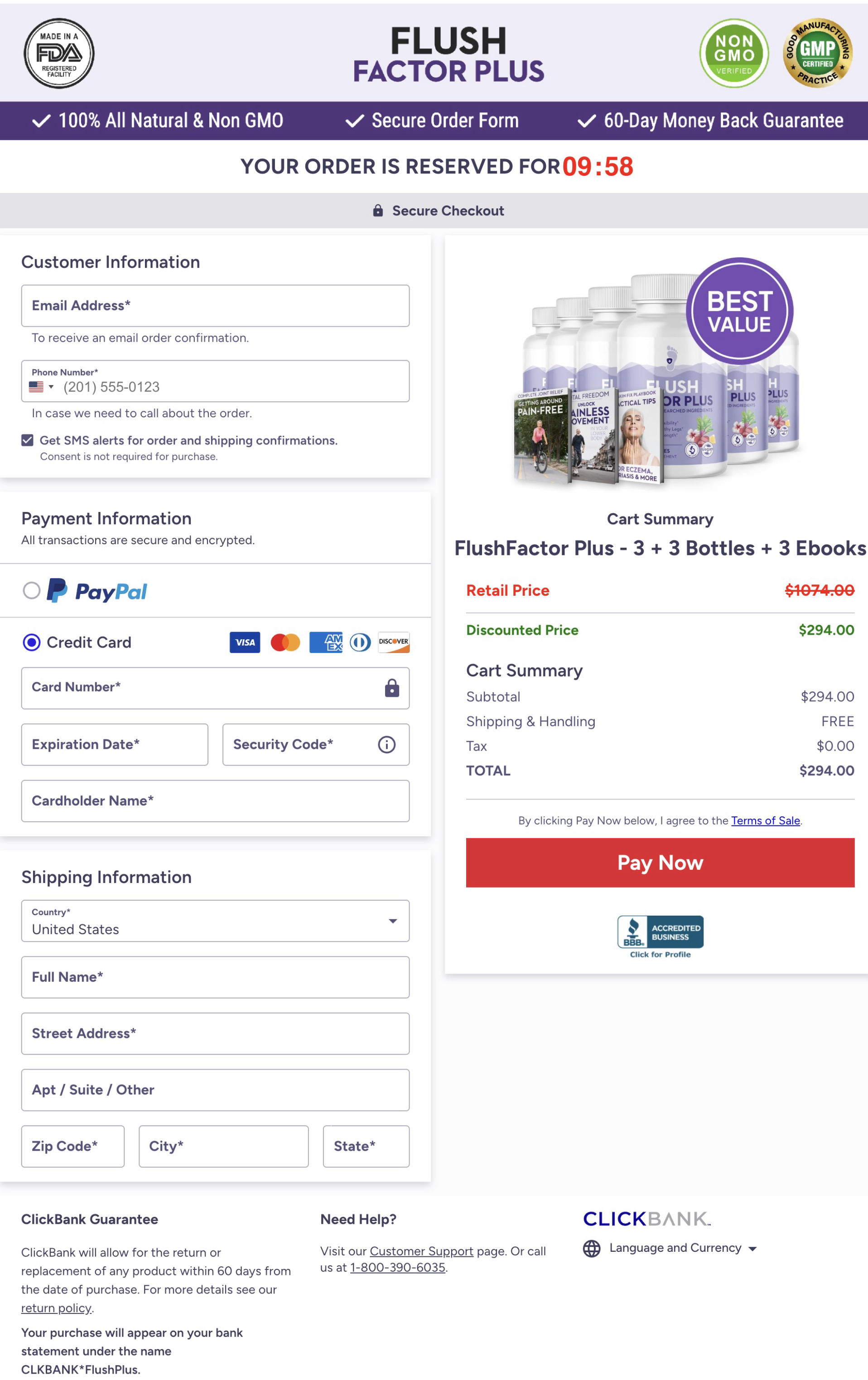 Comparison chart showing three Flush Factor Plus purchase options: Basic plan with 2 bottles for $79 each (save $200), Best Value plan with 3 + 3 bottles for $49 each (save $780, includes free shipping and 3 free eBooks), and Most Popular plan with 2 + 1 bottles for $69 each (save $330). Each option includes a 60-day guarantee and payment options via Visa, PayPal, Discover, and American Express.