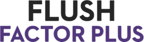 Logo for Flush Factor Plus with the word “FLUSH” in bold black letters and “FACTOR PLUS” in bold purple letters, presented on a transparent background.