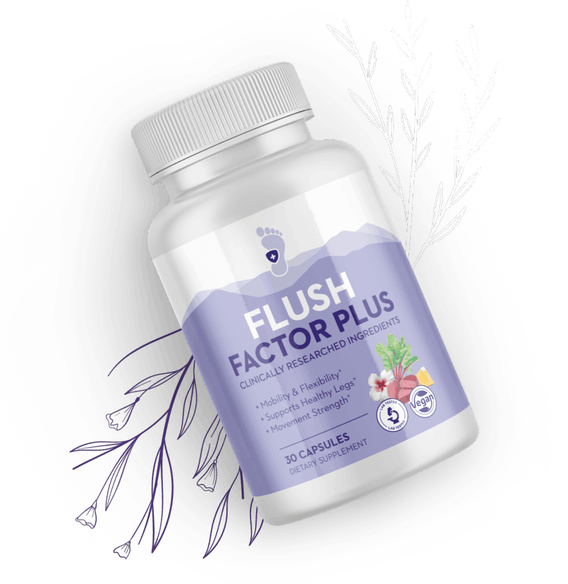 A bottle of Flush Factor Plus dietary supplement with a purple and white label displayed on a dark background with botanical illustrations. The label highlights benefits like improved mobility, flexibility, healthy legs, and movement strength. It contains 30 vegan capsules made with clinically researched ingredients, featuring icons for vegan and quality assurance. 
